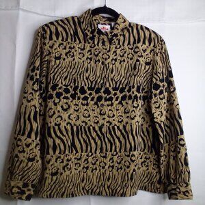 Alia Shirt Women 10P 10 Petite Button Up Long Sleeve Animal Print Brown Black